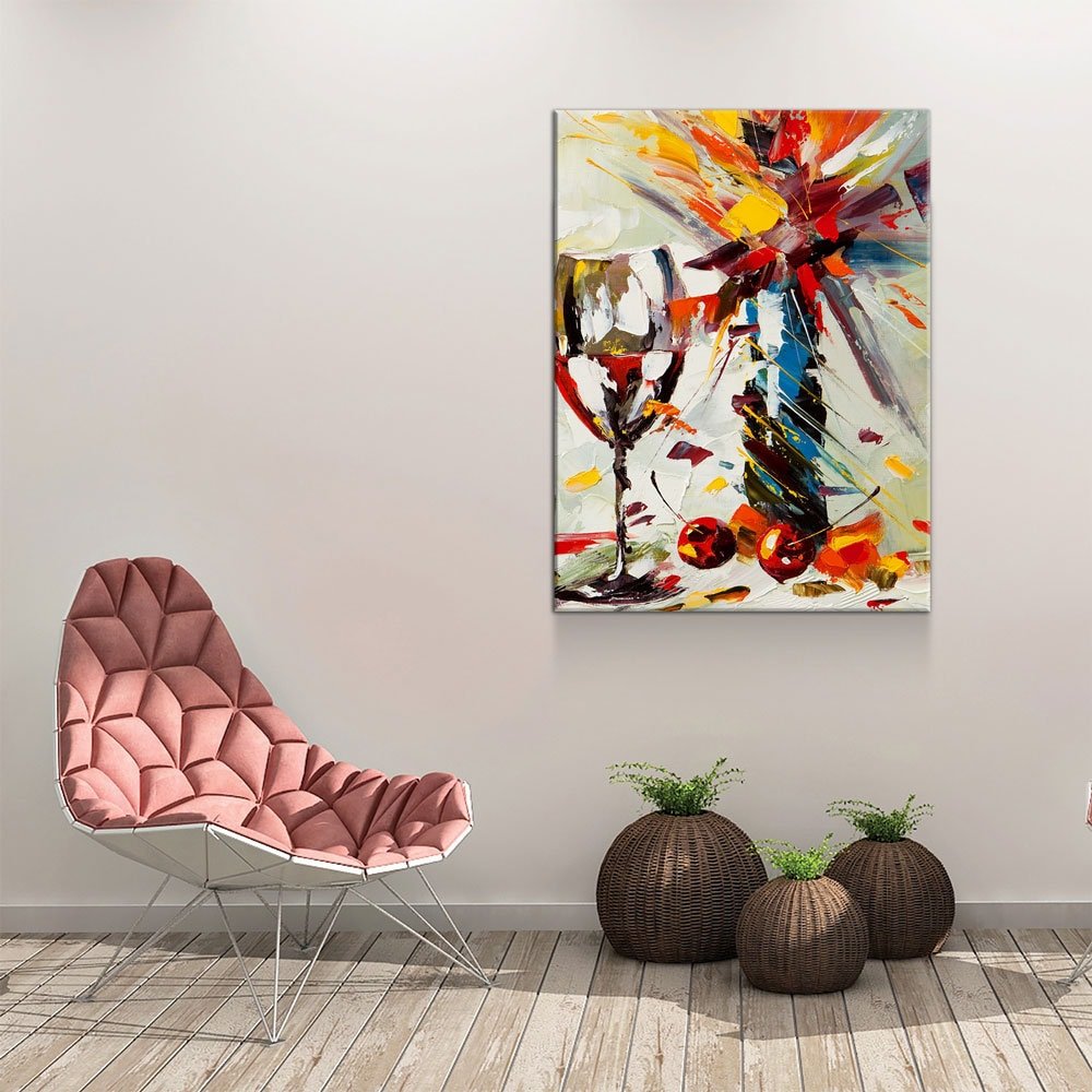 Wine And Flowers Abstract Canvas Wall Art, Wine Decor With Flowers, Abstract Wine Art, Kitchen Decor, Bar Decor Gallery Wrap