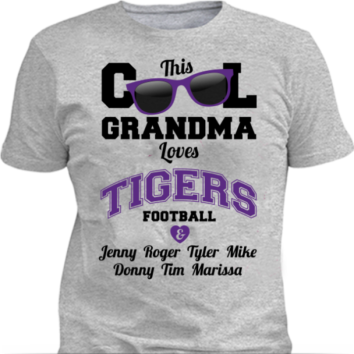 This Cool Grandma Loves Tigers Football & Personlized Names Apparel Standard Fit T Grey
