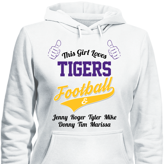 This Girl Loves Tigers Football & Personalized Names Apparel For Mom's Hoodie White