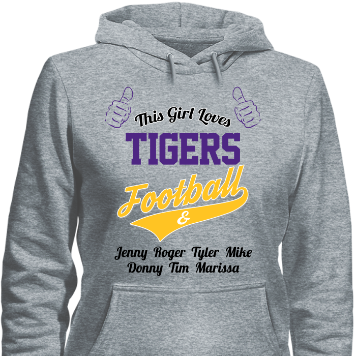 This Girl Loves Tigers Football & Personalized Names Apparel For Mom's Hoodie Grey