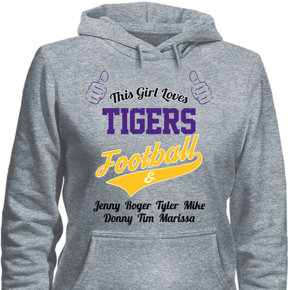 This Girl Loves Tigers Football & Personalized Names Apparel For Mom's Hoodie Grey