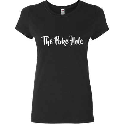 The Puke Hole Original White Print T-Shirt & Apparel Ladies Fitted T Black