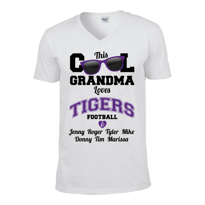 This Cool Grandma Loves Tigers Football & Personlized Names Apparel Unisex V-Neck White