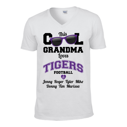 This Cool Grandma Loves Tigers Football & Personlized Names Apparel Unisex V-Neck White