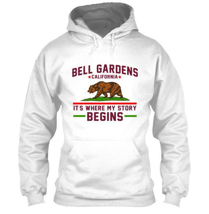 Bell Gardens California T-Shirt It's Where My Story Begins Grizzly Bear Apparel White Hoodie