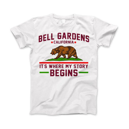 Bell Gardens California T-Shirt It's Where My Story Begins Grizzly Bear Apparel White Standard T