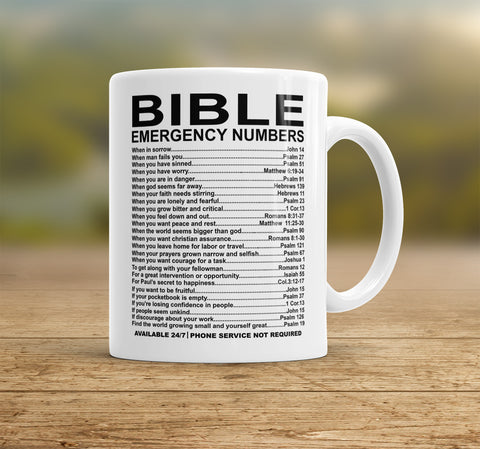 Image of Bible Emergency Numbers Coffee Mug, Bible Mug, Church Gift - Love Family & Home