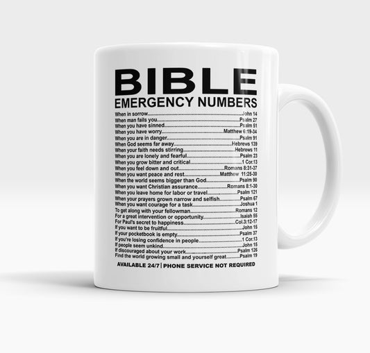 Bible Emergency Numbers Coffee Mug, Bible Mug, Church Gift White