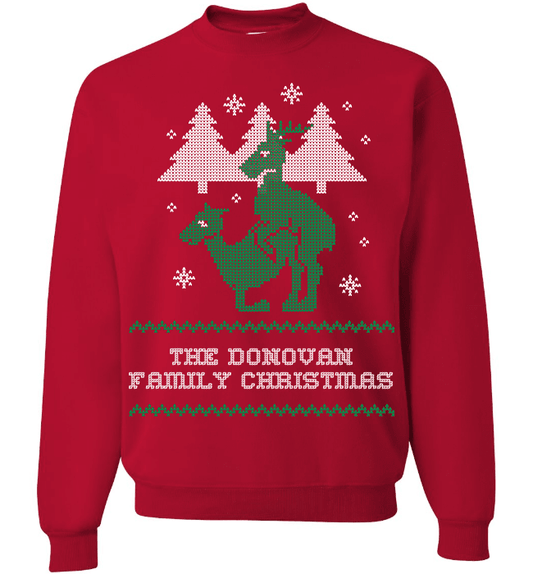 Personalized Reindeer "Ugly Christmas Sweater" Design T-Shirt & Apparel Long Sleeve Crewneck Red