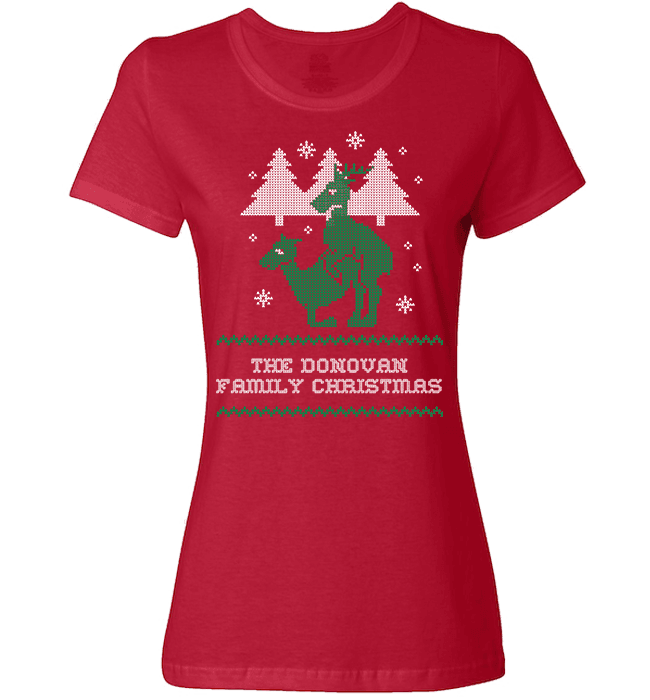 Personalized Reindeer "Ugly Christmas Sweater" Design T-Shirt & Apparel Ladies T Red