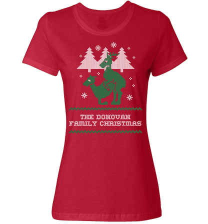 Personalized Reindeer "Ugly Christmas Sweater" Design T-Shirt & Apparel Ladies T Red