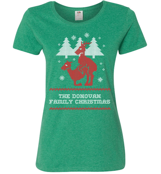 Personalized Reindeer "Ugly Christmas Sweater" Design T-Shirt & Apparel Ladies T Green
