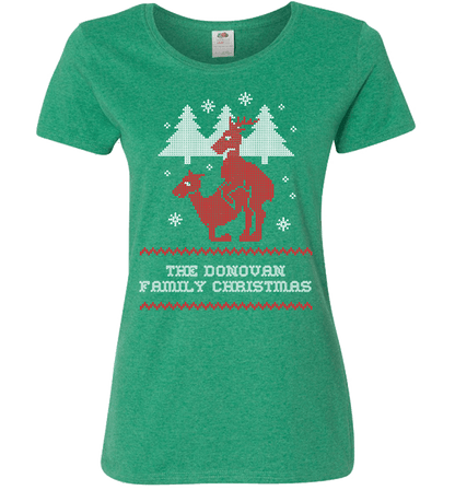Personalized Reindeer "Ugly Christmas Sweater" Design T-Shirt & Apparel Ladies T Green
