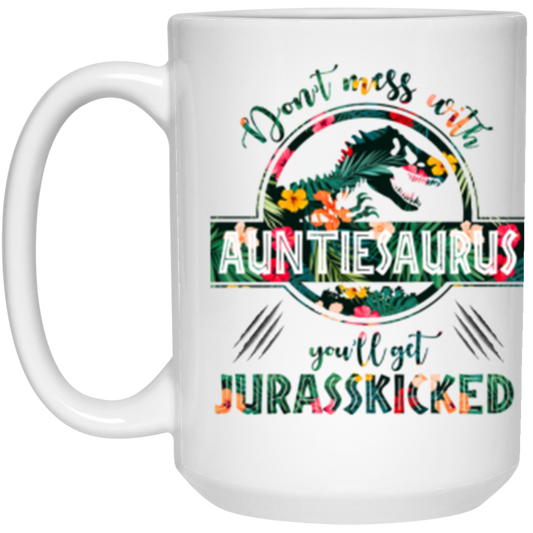 Auntiesaurus Flower Design 15 oz. White Mug White One Size