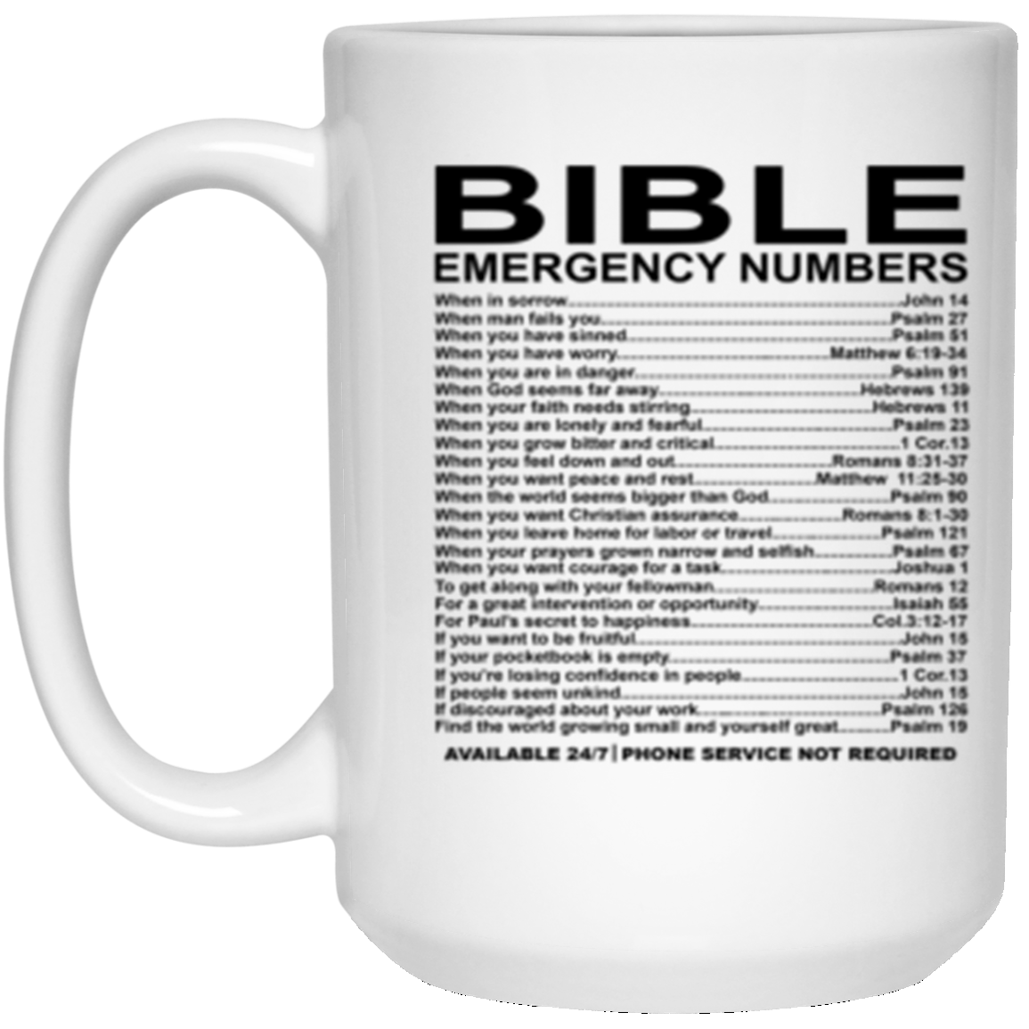 Emergency Bible Numbers Coffee Mug, Bible Mug, Bible Gift 15 oz. White Mug White 15 oz
