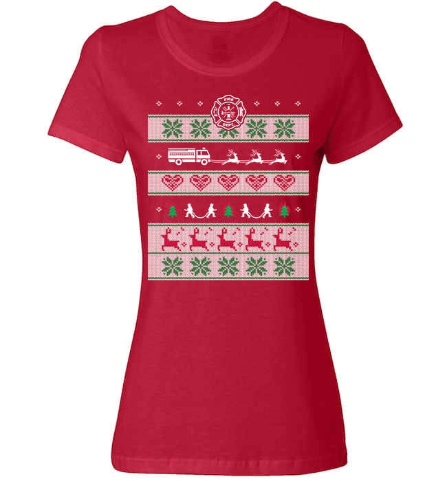Firefighters Christmas Ladies T Red