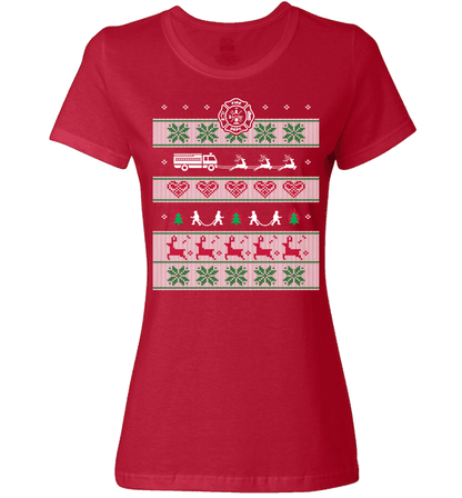 Firefighters Christmas Ladies T Red