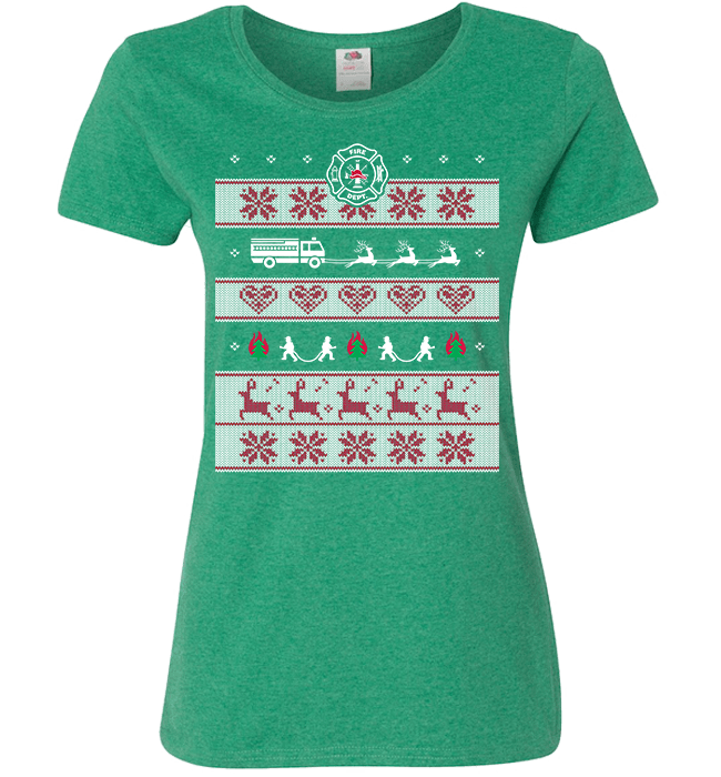 Firefighters Christmas Ladies T Green