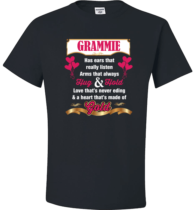 Grammie Hug and Hold Heart Made Of Gold T-Shirts And Apparel Black Standard Fit T