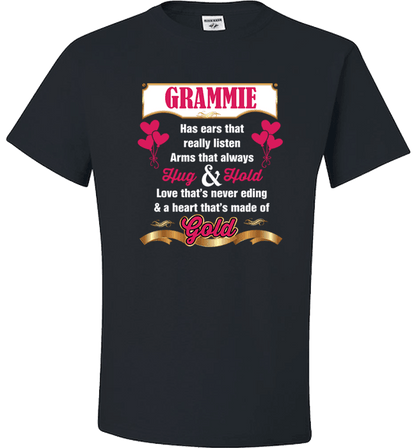 Grammie Hug and Hold Heart Made Of Gold T-Shirts And Apparel Black Standard Fit T