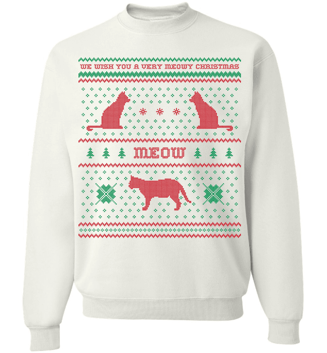 We Wish You A Meowy Christmas - Cat Christmas Apparel Long Sleeve Crewneck White