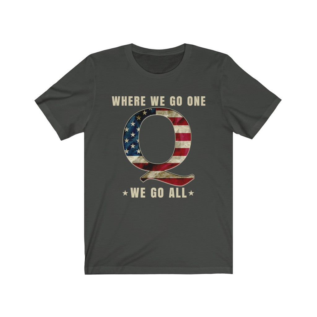 WWG1WGA Qanon T-Shirt with Vintage Design, USA Flag, Where We Go One We Go All Dark Grey