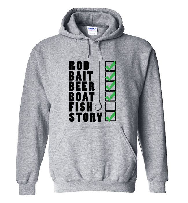 Fishing Checklist Rod Bait Beer Boat Fish Story Fishing Shirt Hoodie Grey