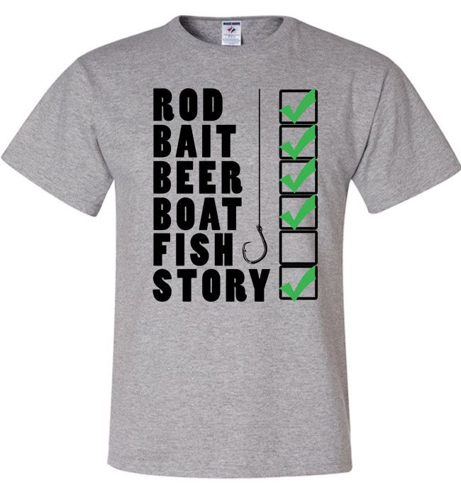 Fishing Checklist Rod Bait Beer Boat Fish Story Fishing Shirt Standard Fit T Grey