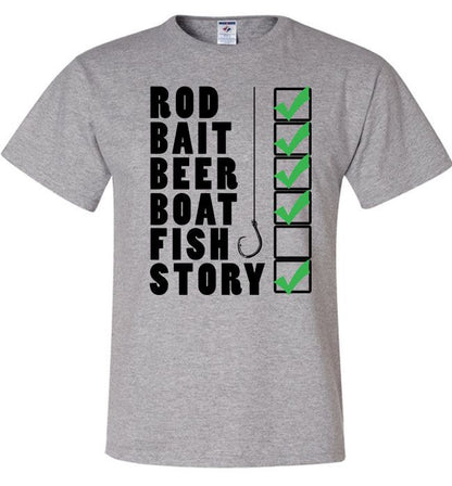 Fishing Checklist Rod Bait Beer Boat Fish Story Fishing Shirt Standard Fit T Grey