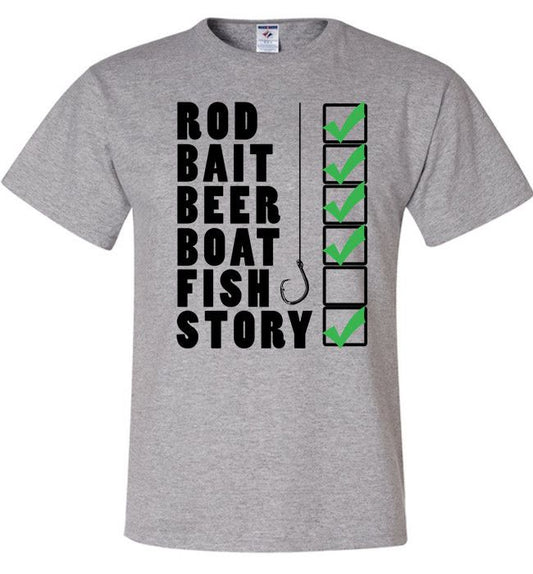 Fishing Checklist Rod Bait Beer Boat Fish Story Fishing Shirt Standard Fit T Grey
