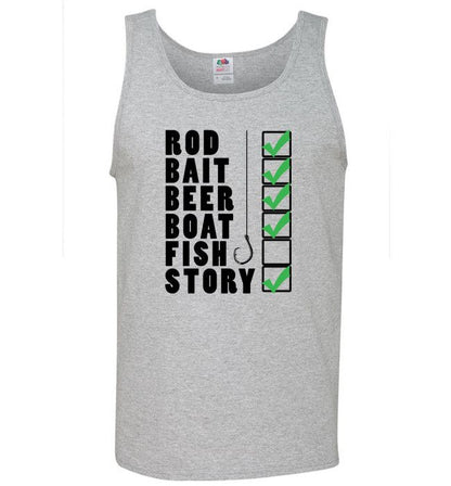 Fishing Checklist Rod Bait Beer Boat Fish Story Fishing Shirt Tank Top Grey