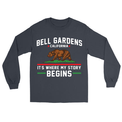 Special Colors - Bell Gardens California It's Where My Story Begins Grizzly Bear Long-Sleeve T-Shirt Dark Heather