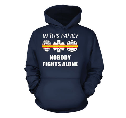 Image of In This Family Nobody Fights Alone Dispatcher Gold and Red Line T-Shirt EMT, Rescue, Firefighters & Dispatchers - Love Family & Home