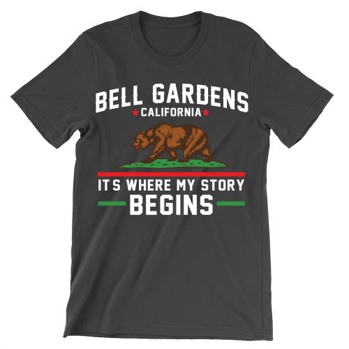Special Colors - Bell Gardens California It's Where My Story Begins Grizzly Bear Adult T-Shirt Dark Grey Heather