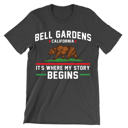 Special Colors - Bell Gardens California It's Where My Story Begins Grizzly Bear Adult T-Shirt Dark Grey Heather