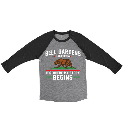 Special Colors - Bell Gardens California It's Where My Story Begins Grizzly Bear Raglan Baseball Tee Black