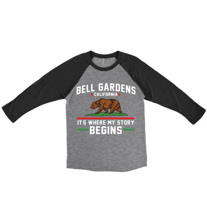Special Colors - Bell Gardens California It's Where My Story Begins Grizzly Bear Raglan Baseball Tee Black