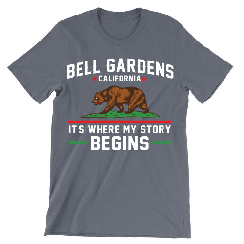 Special Colors - Bell Gardens California It's Where My Story Begins Grizzly Bear Adult T-Shirt Heather Slate