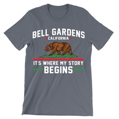 Special Colors - Bell Gardens California It's Where My Story Begins Grizzly Bear Adult T-Shirt Heather Slate