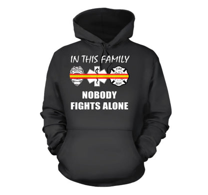 In This Family Nobody Fights Alone Dispatcher Gold and Red Line T-Shirt EMT, Rescue, Firefighters & Dispatchers Adult Hoodie Black