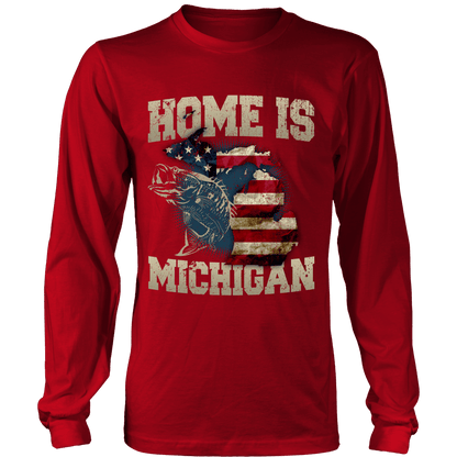 Home Is Michigan State Fishing Flag T-shirt & Apparel Long Sleeve T Red
