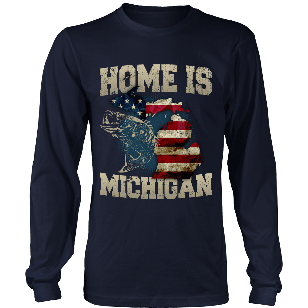 Home Is Michigan State Fishing Flag T-shirt & Apparel Long Sleeve T Navy