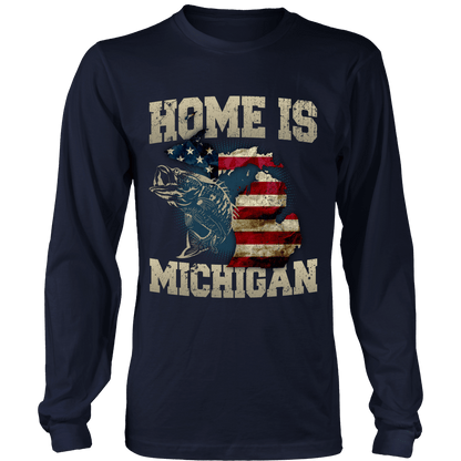 Home Is Michigan State Fishing Flag T-shirt & Apparel Long Sleeve T Navy